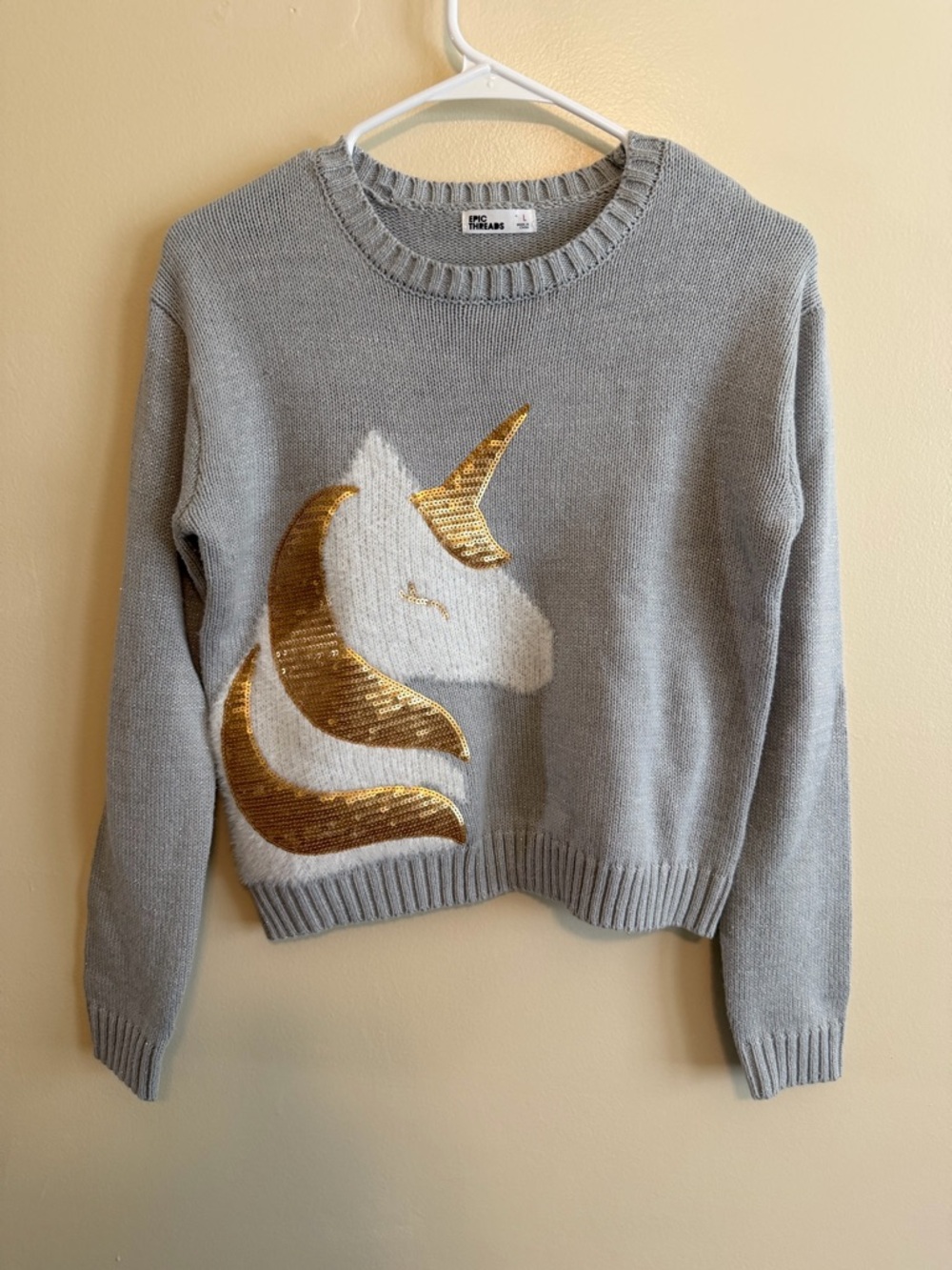 Epic Threads Gray Sweater with Gold Sequin Unicorn